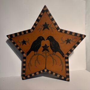 Vintage Primitive Star Trinket Box with Crows & Stars Folk Art Decor |
